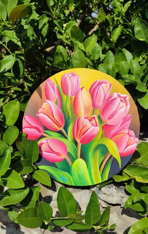 Pink Tulips on Yellow Background