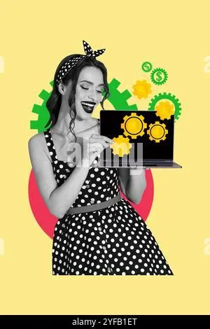 Collage pinup retro sketch of device screen push button girl bug error ...