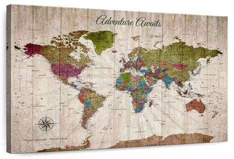 Elephant Stock My World Travel Map Push Pin V Wall Art - Map Canvas ...