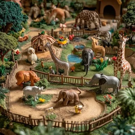 Miniature zoo diorama with various animal figurines including giraffes ...