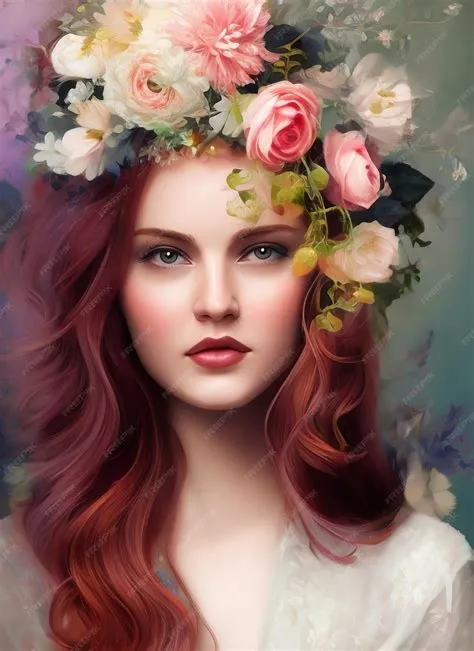 Portrait artistique d'une belle femme entourée de fleurs. Portrait d ...