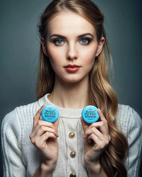 Young Woman Holding Two Button Pins Mockup - Free Download Images High ...