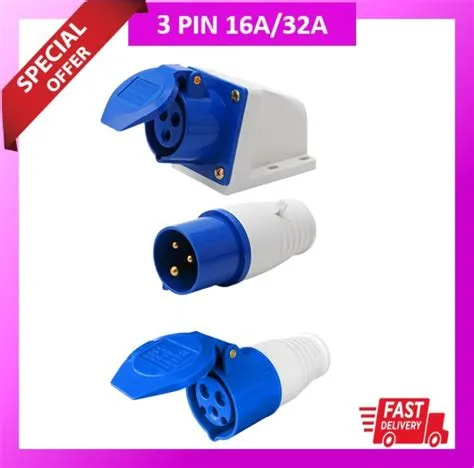 16A/32A 3 PIN INDUSTRIAL PLUG WALL SOCKET CONNECTOR (BLUE) SINGLE PHASE ...
