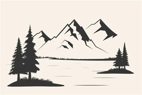 Mountain with pine trees and landscape black on white background ...