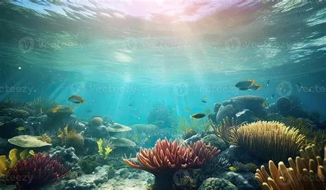 submarino escena. coral arrecife, vistoso pescado grupos y soleado ...