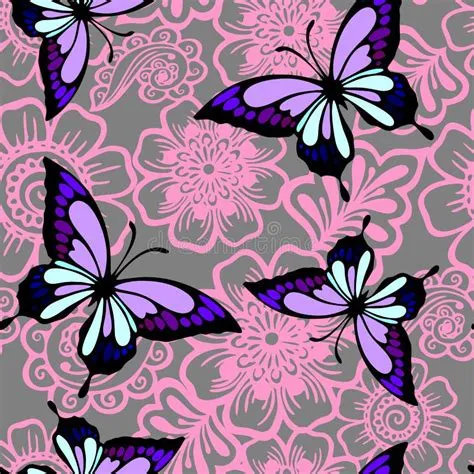 Seamless Pink Gray Floral Graphic Pattern with Purple Butterflies ...
