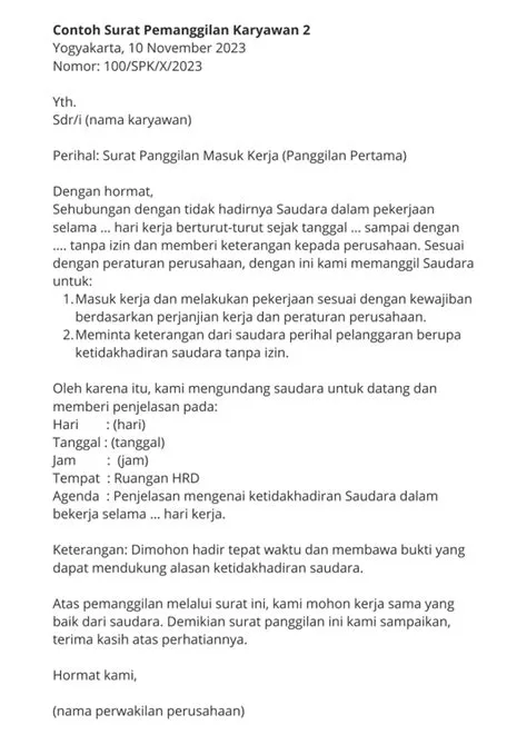 Surat Panggilan Karyawan Mangkir Kerja: Contoh dan Templatenya