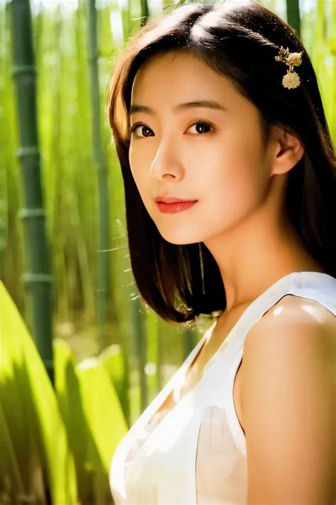 A close up of a woman in a white dress standing in front of a bamboo ...