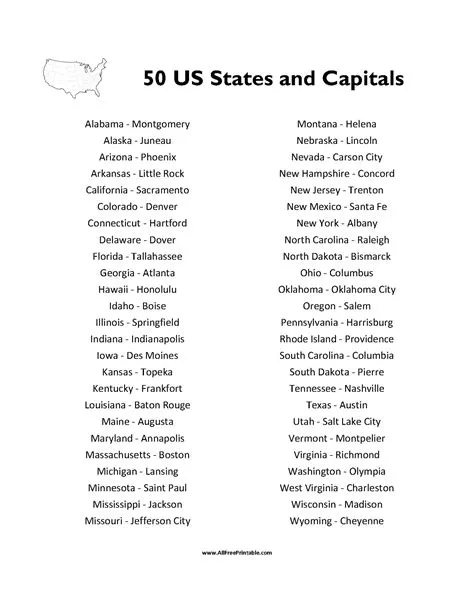 States And Capitals Printable List