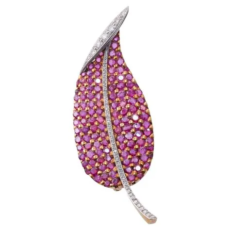 Two Colored Gold Diamond Ruby Leaf Brooch For Sale at 1stDibs