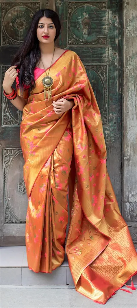 Golden Kanchipuram Silk Saree With Multi Colored Lotus Motif Weaving ...