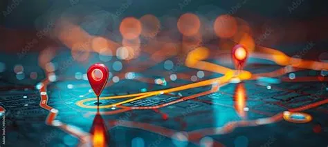 Digital hand set location on map with two pins. Artificial intelligence ...