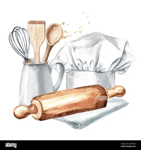 Kitchen pastry concept with chefs hat and wooden rolling pin. Hand ...