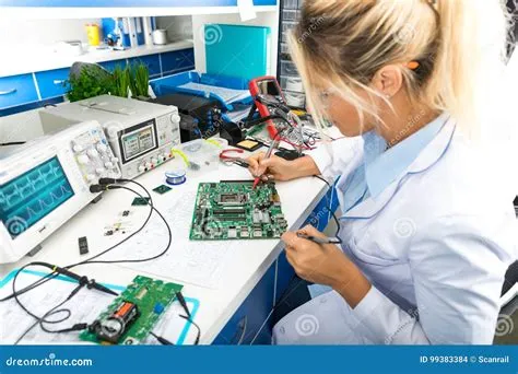 Female Electronic Engineer Testing Computer Motherboard in Labor Stock ...