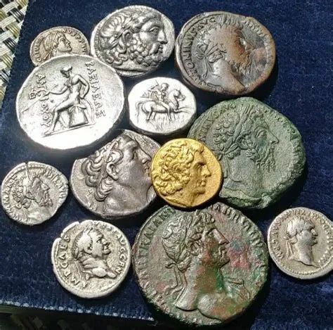 Ancient Roman Coins on Blue Cloth