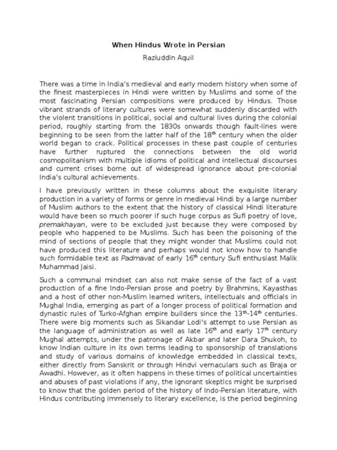 When Hindus Wrote in Persian by Razi Uddin Aquil | PDF | Hindu | Mughal ...