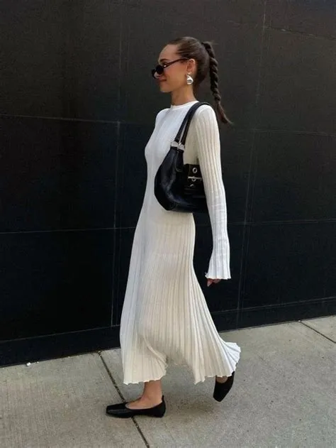 White Rib Knit Maxi Long Dress Flare/Trumpet Sleeve | Moda su misura ...