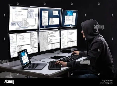 Hacker Using Multiple Computers For Stealing Data Stock Photo - Alamy