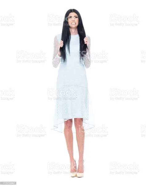 Attraktive Große Frau Auf Weißem Hintergrund Mit Blauem Kleid ...