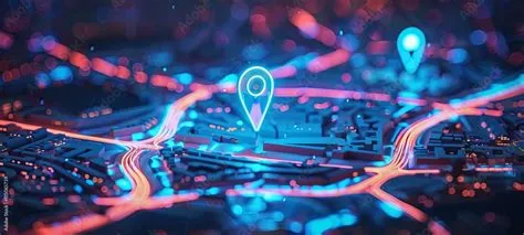 Digital hand set location on map with two pins. Artificial intelligence ...