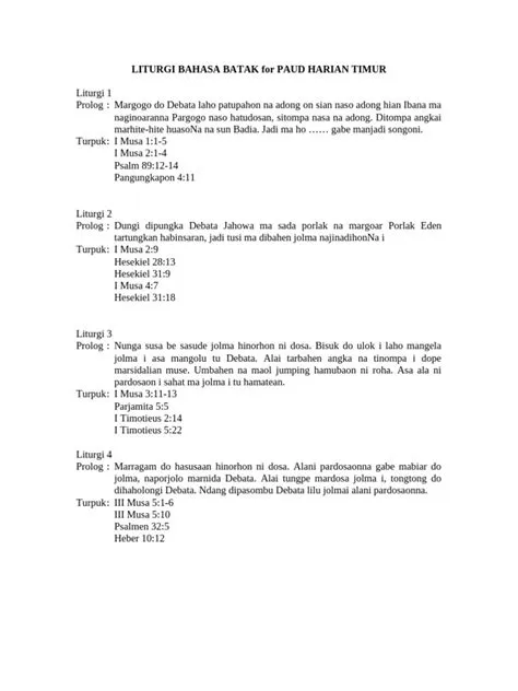 LITURGI BAHASA BATAK For PAUD HARIAN TIMUR | PDF