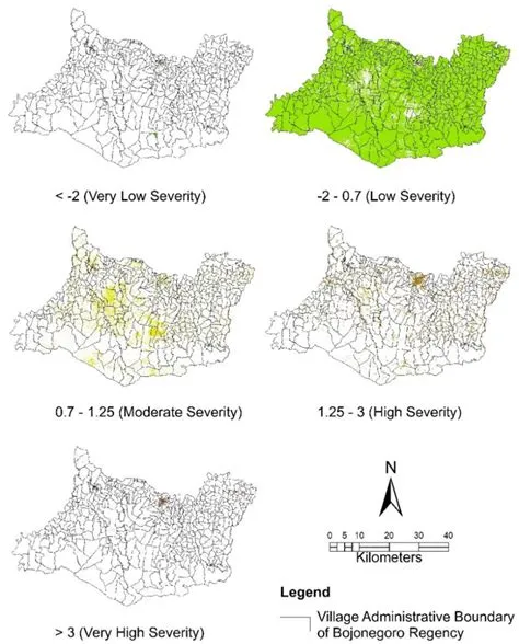 Distribution map of each drought severity level in Bojonegoro Regency ...