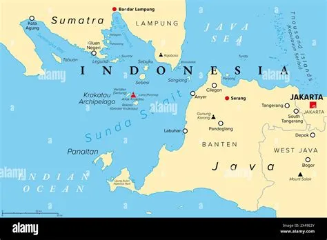 Sunda Strait, Indonesia, political map. Strait between the Indonesian ...