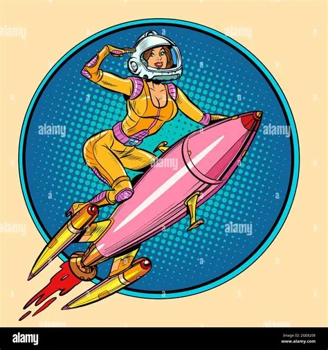 Pinup female astronaut flying on a rocket, a woman in space. Science ...