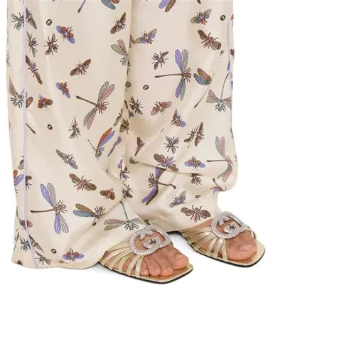 Women's slide with crystal Interlocking G insilver metallic leather ...