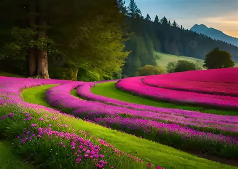 Beautiful Pink Flowers Field In Hills And Mountains Background ...