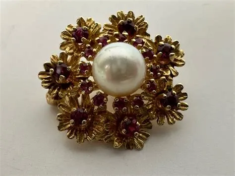 14K Gold Cultured Pearl & Ruby Brooch Pin 6.5g Retails $975