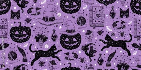 Halloween seamless pattern. Vector background with pumpkin cat witch ...