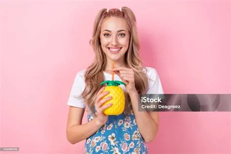 Portrait Of Nice Positive Lady Toothy Smile Arms Hold Straw Pina Colada ...