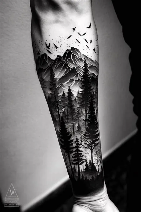 Forest and mountain tattoo on forearm in black and white realism ...