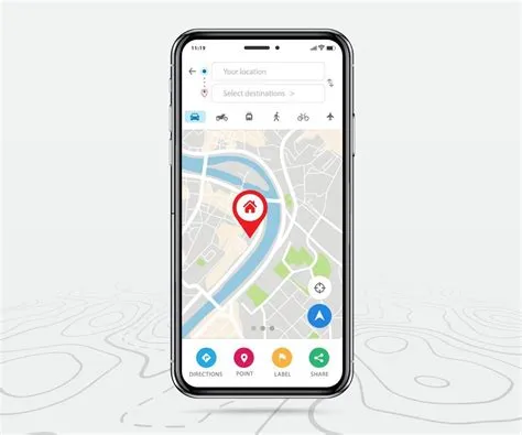 Mobile map gps, Smartphone map application and red pinpoint on screen ...