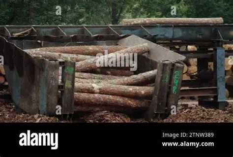 Pine tree trunk move on sorting conveyor belt in timber factory ...