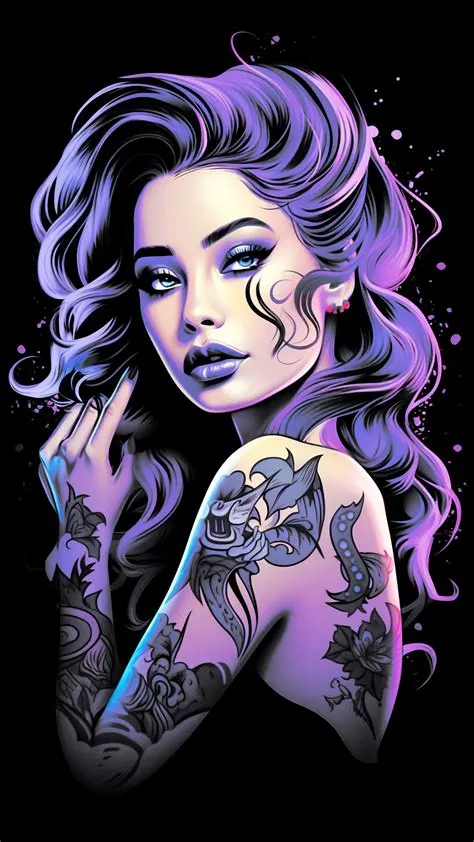 A blackscaled portrait, purple colors, beautiful woman art , pinup ...