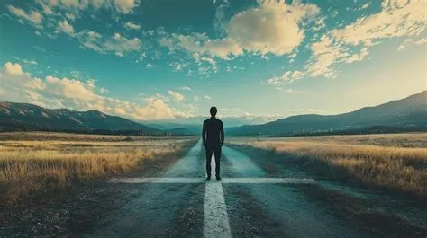 A person standing at a crossroads choosing a new path in life ...