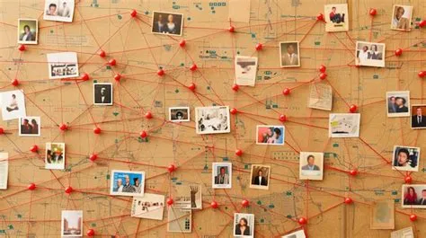 A map with red string connecting pins with photos on it | Premium AI ...
