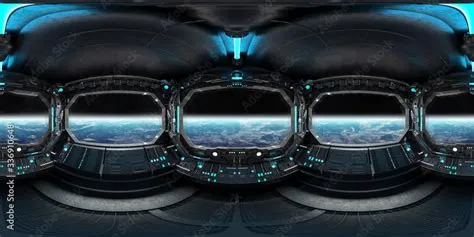 High resolution HDRI panoramic view of dark spaceship interior. 360 ...
