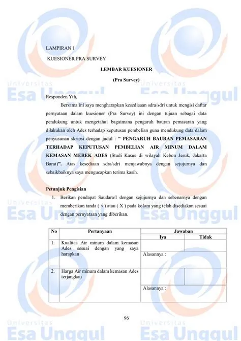 (PDF) LEMBAR KUESIONER (Pra Survey) - digilib.esaunggul.ac.id · 96 ...