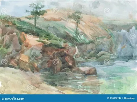 Watercolor Sea, Waves, Mountains, Landscape, Beach, Pine Illustration ...