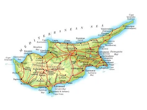 Detailed elevation map of Cyprus with roads, cities and airports ...