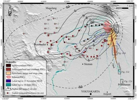 Map showing the 2010 PDC deposits on the southern flank of Merapi, and ...