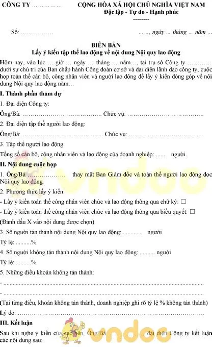 Mẫu biên bản lấy ý kiến tập thể lao động về nội dung nội quy lao động