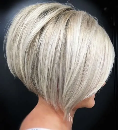 Short Inverted Silver Blonde Bob | Stacked haircuts, Bobs for thin hair ...